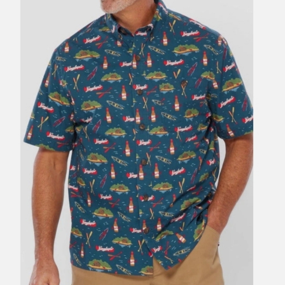 Duluth Trading Co BBQ Leinenkugel's Theme Men's Short Sleeve Button Front Medium